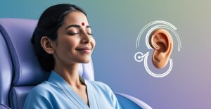 entspannte frau im sessel mit ohrabbildung daneben