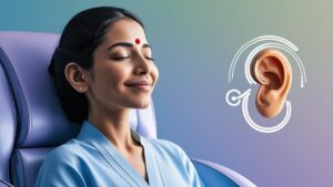 entspannte frau im sessel mit ohrabbildung daneben