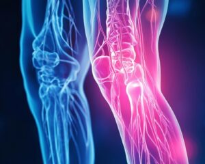 Illustration eines schmerzhaften Kniegelenks mit hervorgehobenen Nerven