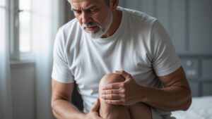 älterer Mann sitzt auf Bett und umfasst sein Knie mit beiden Hände