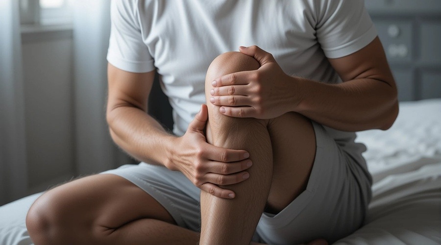 älterer Mann sitzt auf Bett und umfasst sein Knie mit beiden Hände