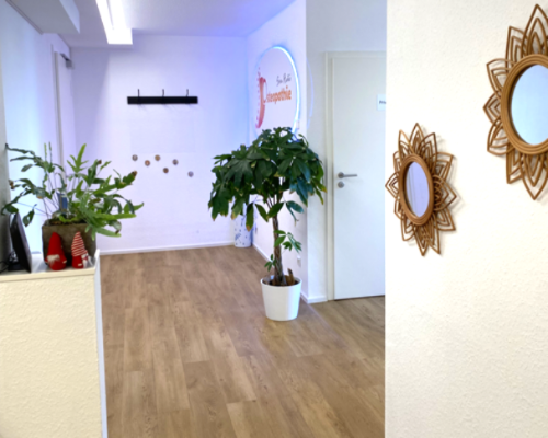 Eingangsbereich der Naturheilpraxis Munz, helle und ruhige Heilpraktikerpraxis mit Pflanzen und warmem Holzfußboden