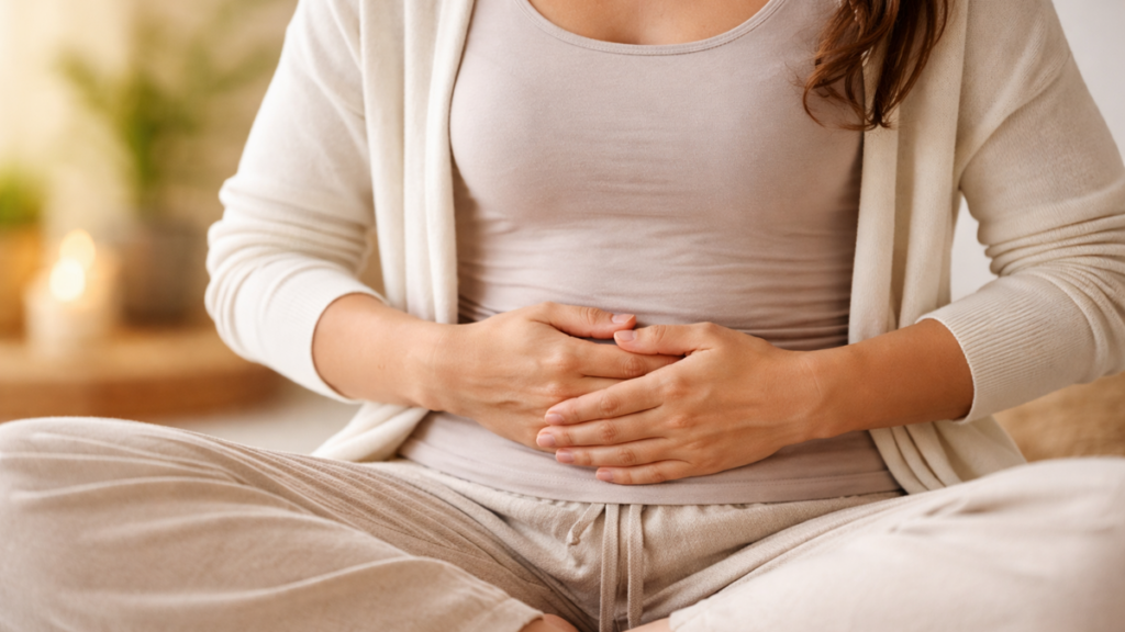 Frau sitzt im Schneidersitz und hält ihre Hände auf den Bauch