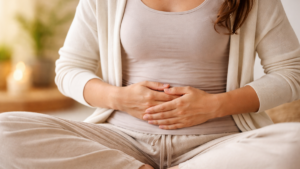 Frau sitzt im Schneidersitz und hält ihre Hände auf den Bauch