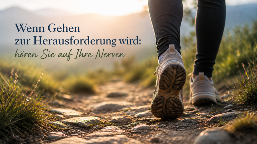 Füße einer Person auf einem unebenen steinigen Weg beim Gehen in der Natur