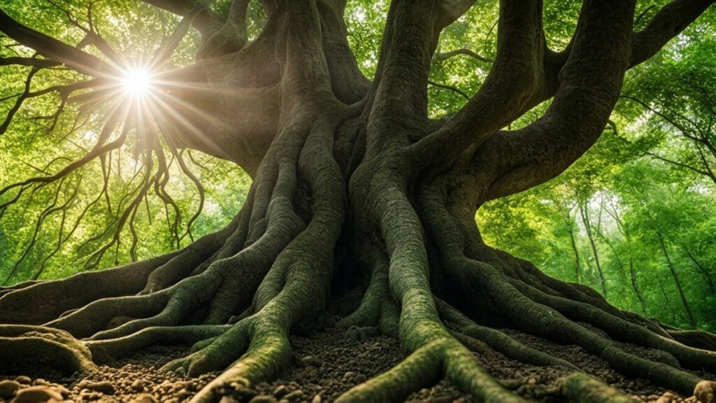 Mächtiger alter Baum mit weit verzweigten Wurzeln im Wald, durchflutet von Sonnenlicht, das durch das grüne Blätterdach bricht