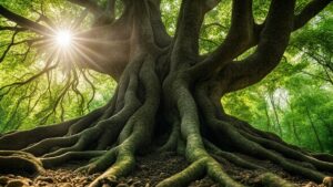 Mächtiger alter Baum mit weit verzweigten Wurzeln im Wald, durchflutet von Sonnenlicht, das durch das grüne Blätterdach bricht